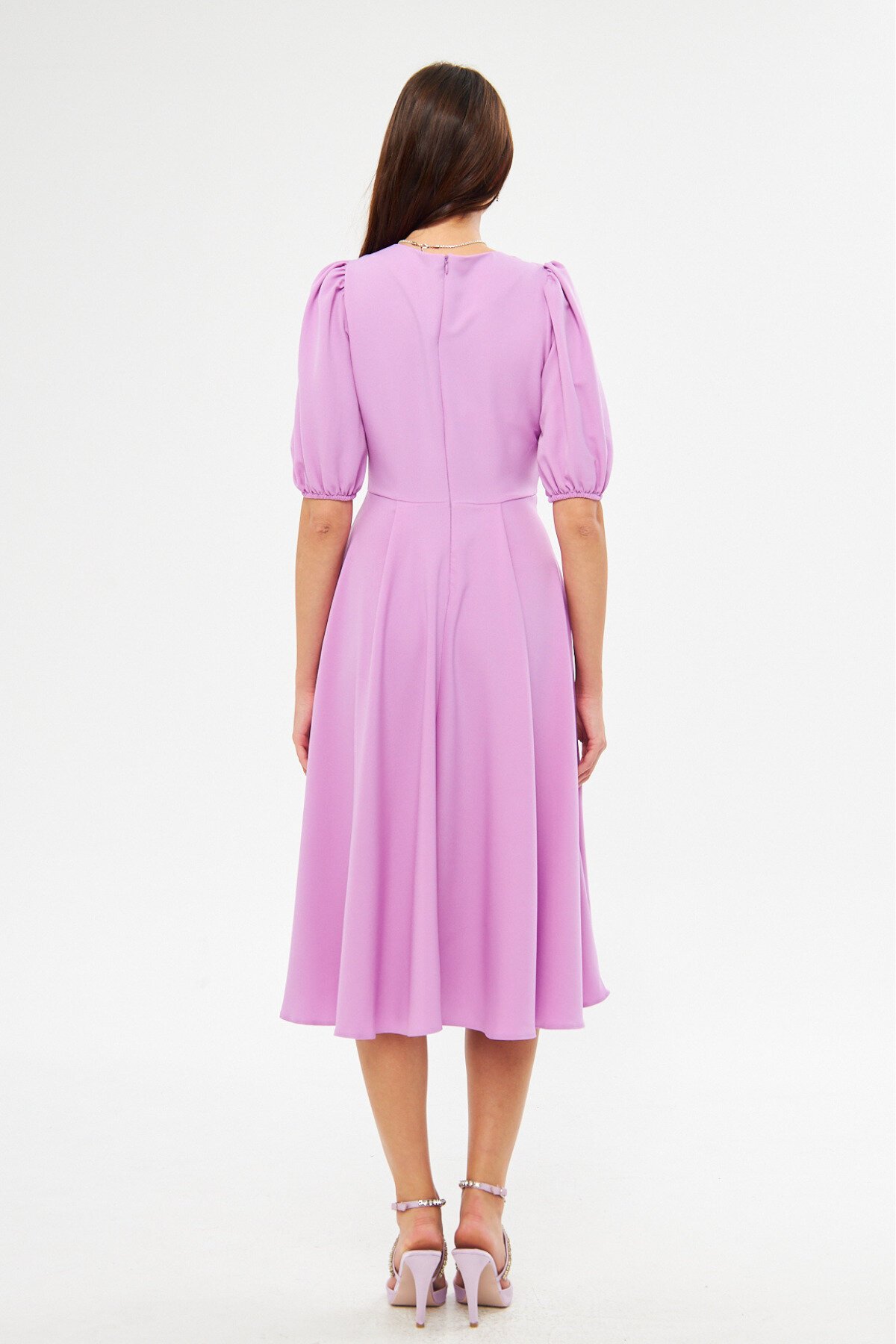 Midi Balloon Sleeve V-Neck Corset Belt Detail Evening Dress - Lilac - Bidoluelbise