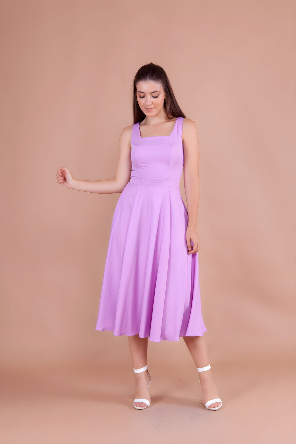 Lila Midi Kare Yaka Elbise - Bidoluelbise