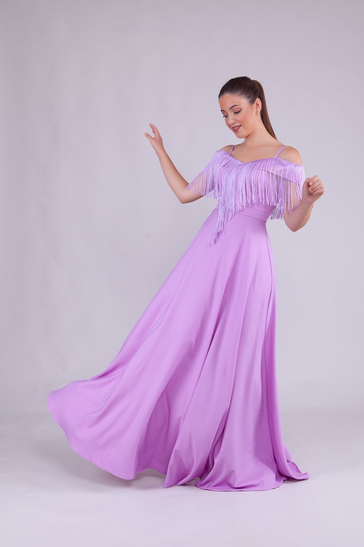 Long Strappy Boat Neck Tassel-Detail Evening Dress - Lilac - Bidoluelbise