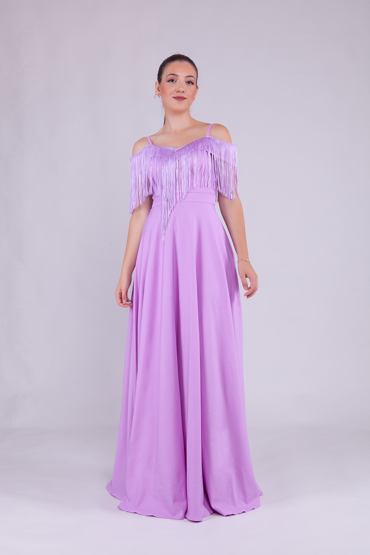 Long Strappy Boat Neck Tassel-Detail Evening Dress - Lilac - Bidoluelbise