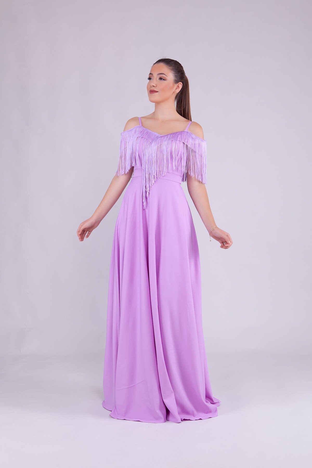 Long Strappy Boat Neck Tassel-Detail Evening Dress - Lilac - Bidoluelbise