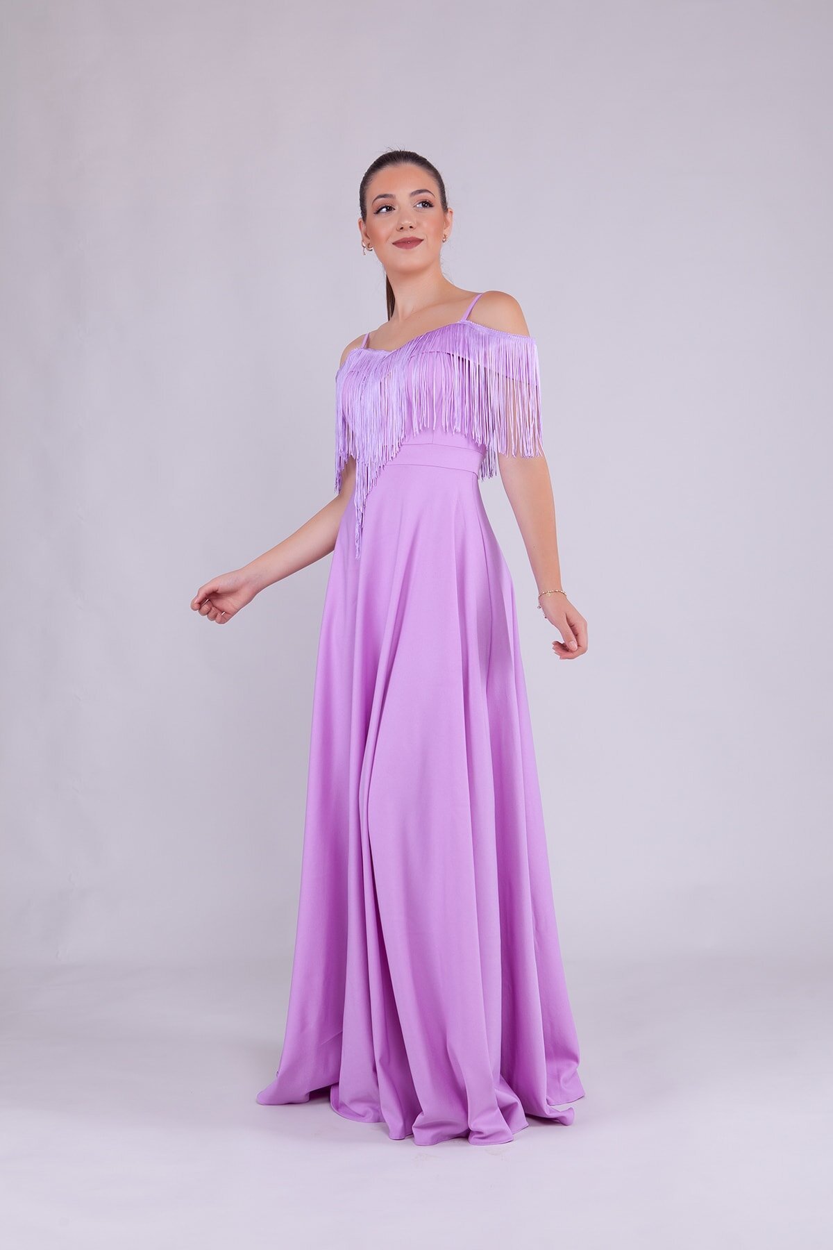 Long Strappy Boat Neck Tassel-Detail Evening Dress - Lilac - Bidoluelbise