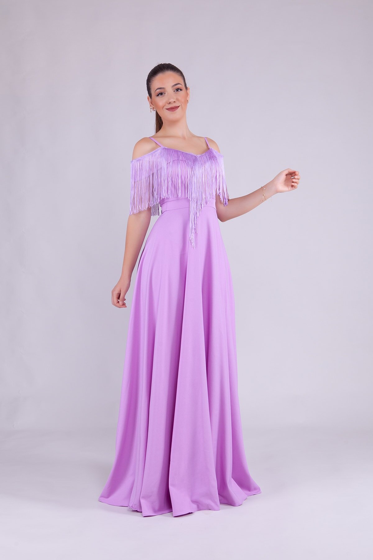 Long Strappy Boat Neck Tassel-Detail Evening Dress - Lilac - Bidoluelbise