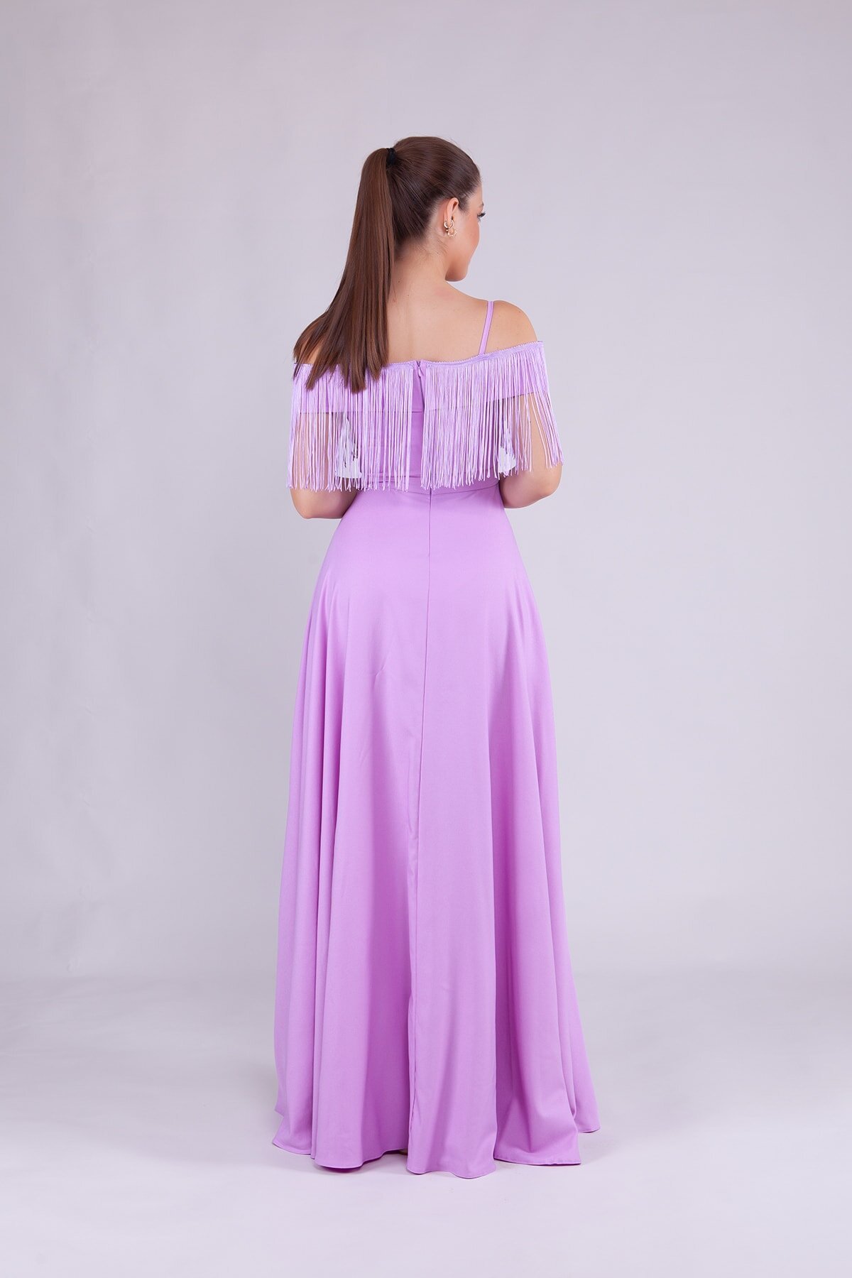 Long Strappy Boat Neck Tassel-Detail Evening Dress - Lilac - Bidoluelbise