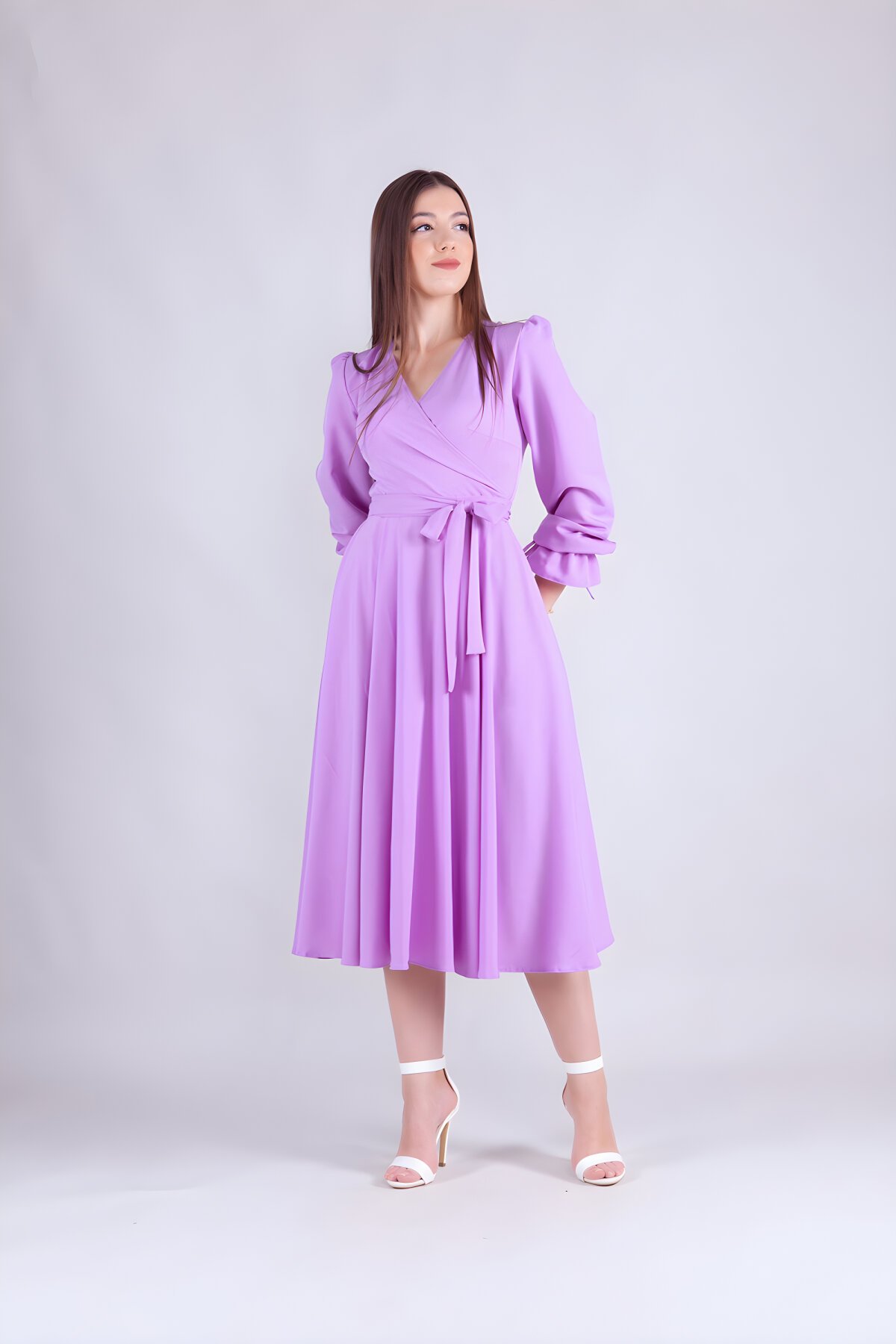 Lila Uzun Kol Midi Kruvaze Yaka Elbise - Bidoluelbise