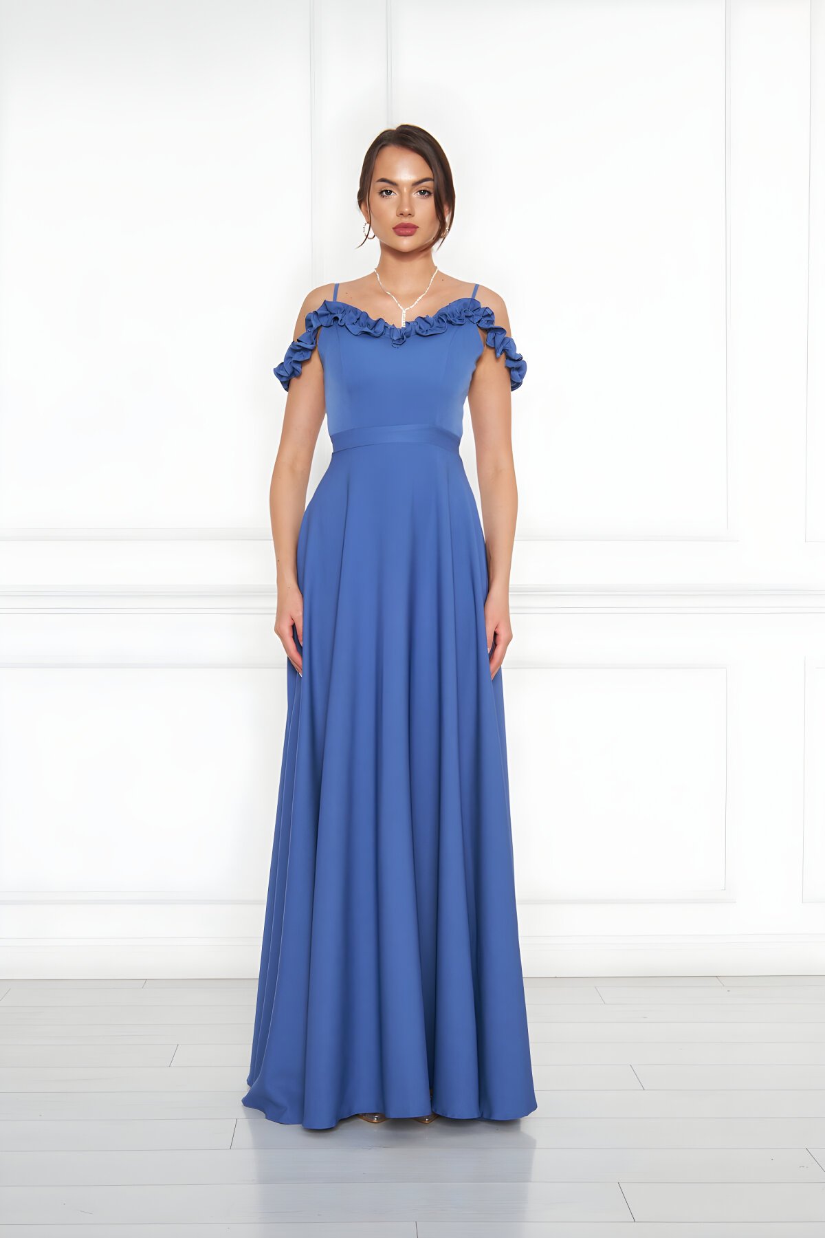 Mavi Kloş Ayarlanabilir Askılı Fırfır Detay Abiye Elbise - Bidoluelbise