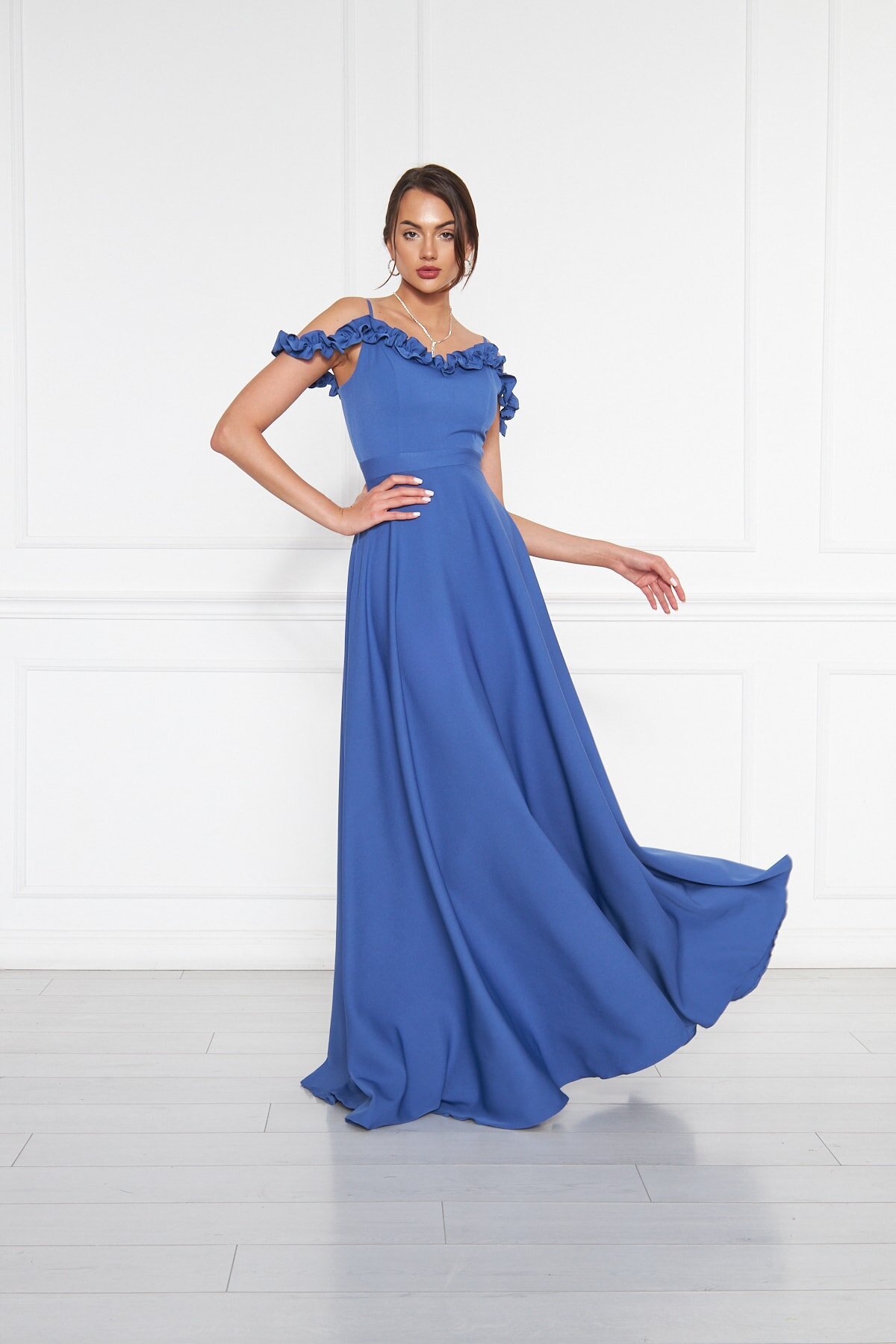 Flared Adjustable Strap Ruffle Detail Evening Dress - Blue - Bidoluelbise