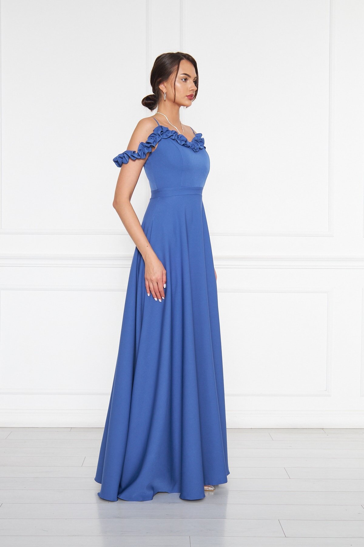 Flared Adjustable Strap Ruffle Detail Evening Dress - Blue - Bidoluelbise