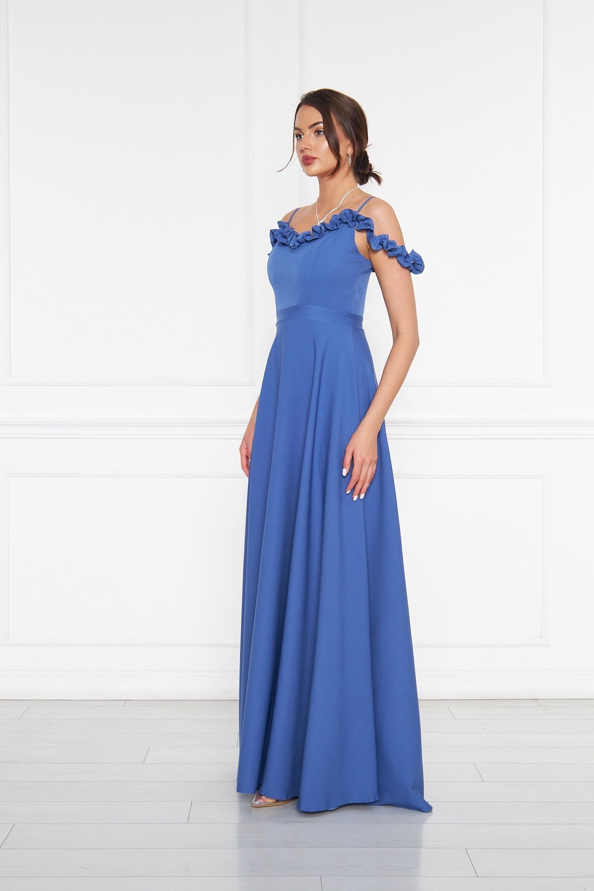 Flared Adjustable Strap Ruffle Detail Evening Dress - Blue - Bidoluelbise