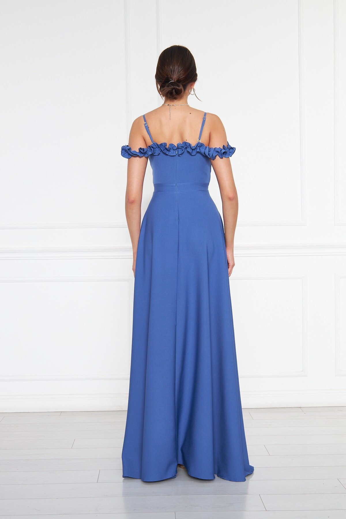 Flared Adjustable Strap Ruffle Detail Evening Dress - Blue - Bidoluelbise