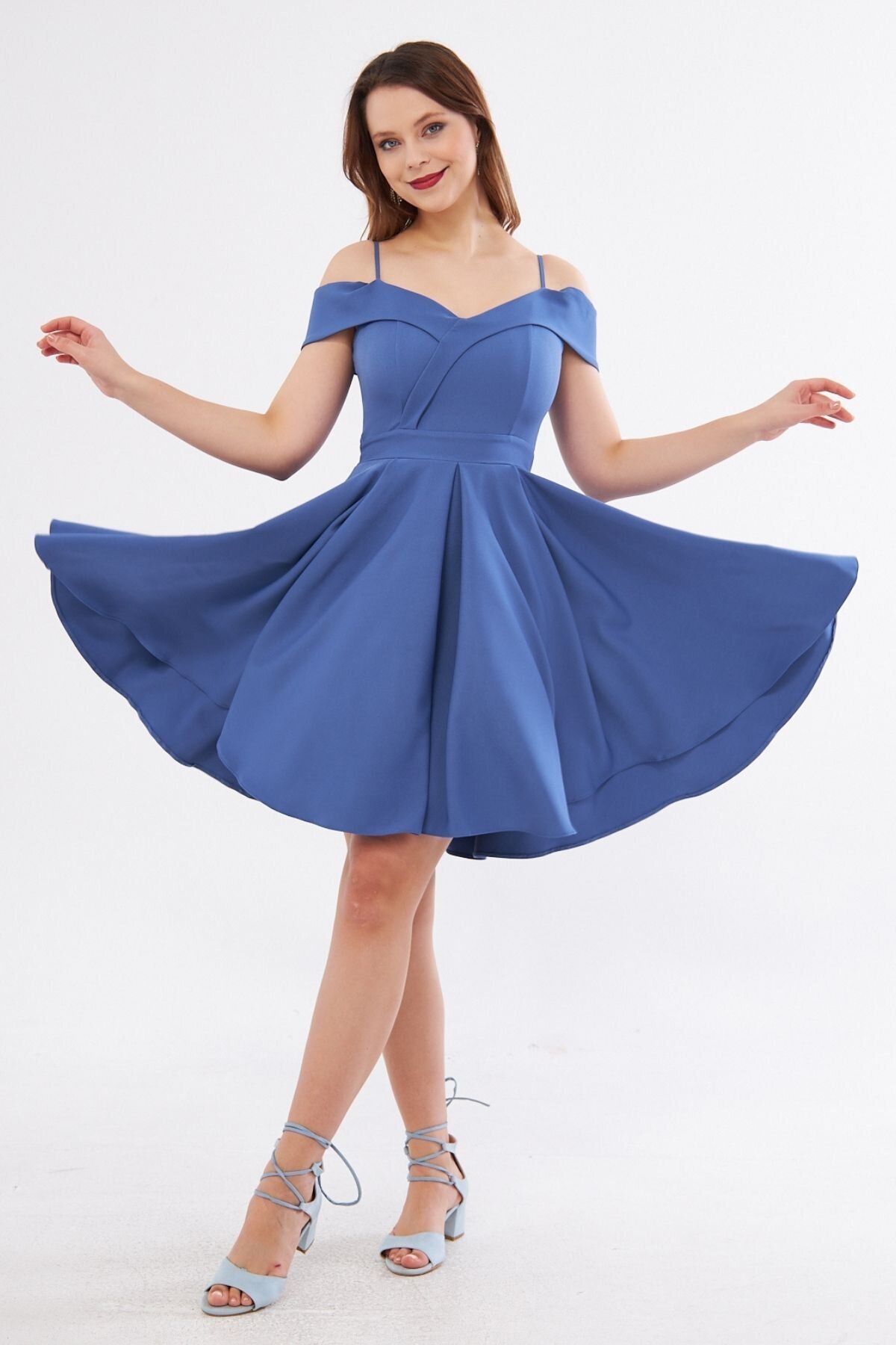 Mini Flared Pleated Strappy Boat Neck Evening Dress - Blue - Bidoluelbise