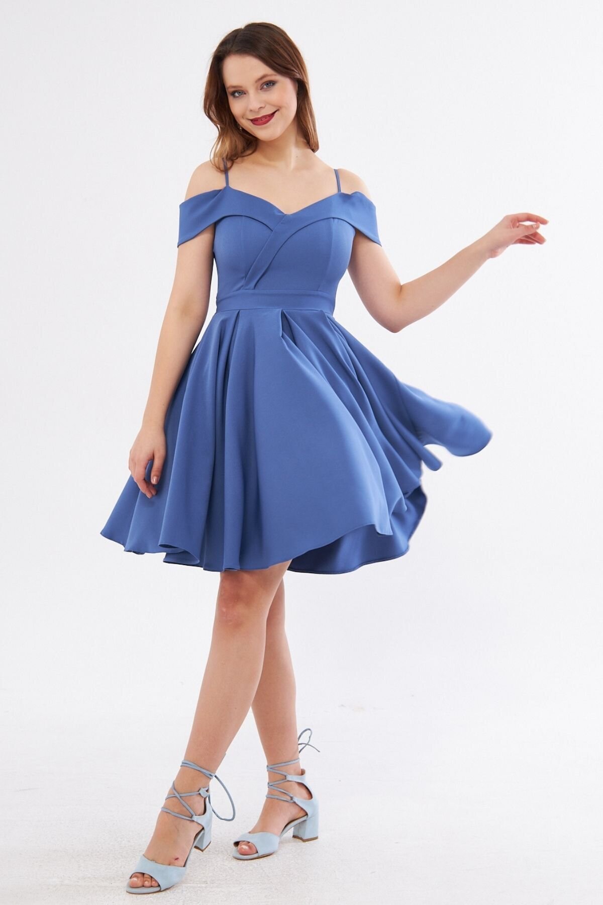 Mini Flared Pleated Strappy Boat Neck Evening Dress - Blue - Bidoluelbise