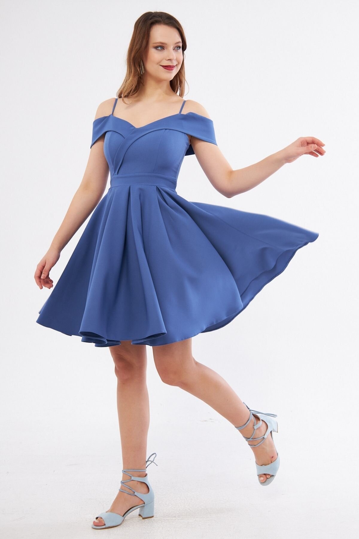 Mini Flared Pleated Strappy Boat Neck Evening Dress - Blue - Bidoluelbise