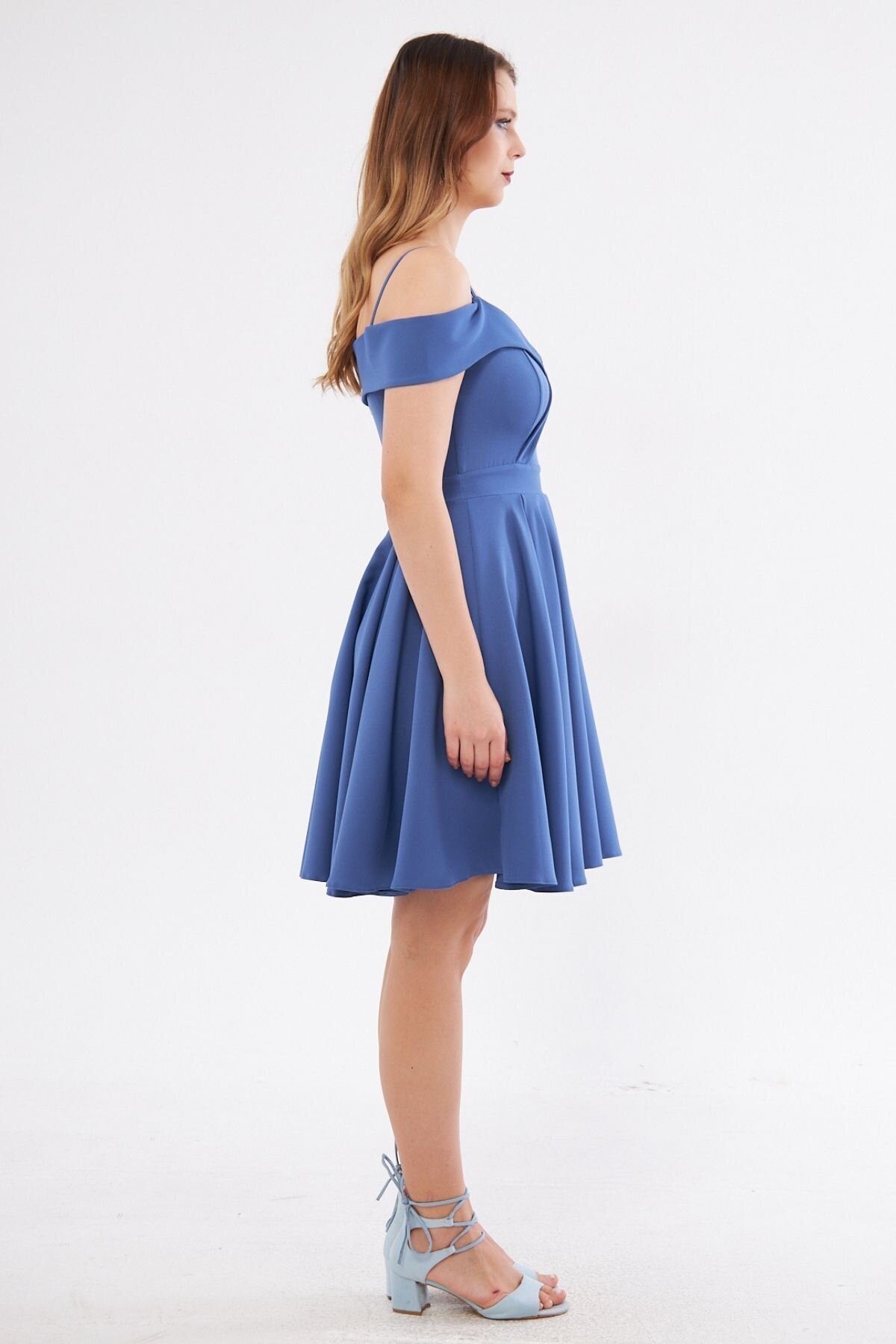 Mini Flared Pleated Strappy Boat Neck Evening Dress - Blue - Bidoluelbise