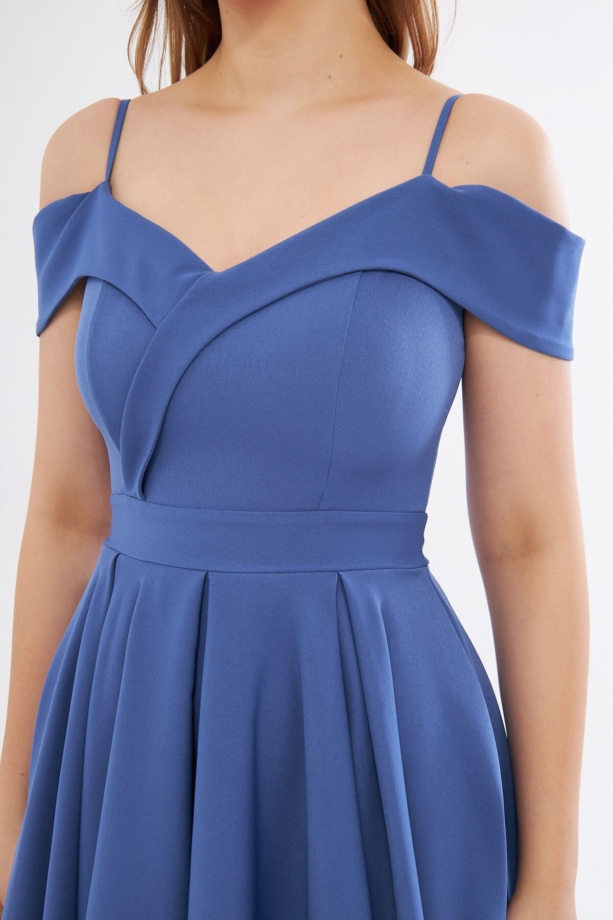 Mini Flared Pleated Strappy Boat Neck Evening Dress - Blue - Bidoluelbise