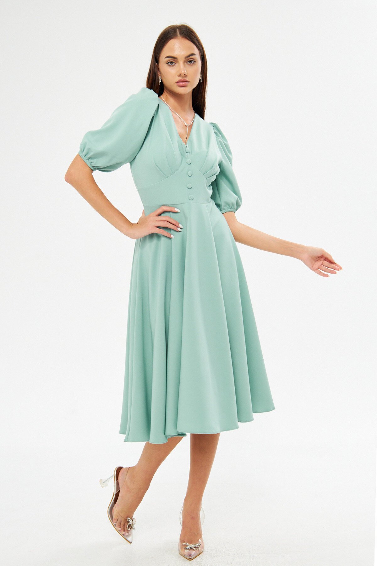 Midi Balloon Sleeve V-Neck Corset Belt Detail Evening Dress - Mint Green - Bidoluelbise