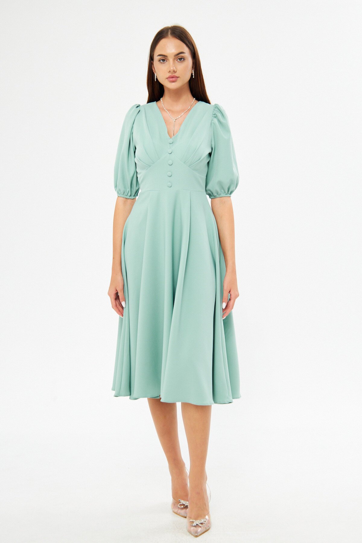 Midi Balloon Sleeve V-Neck Corset Belt Detail Evening Dress - Mint Green - Bidoluelbise
