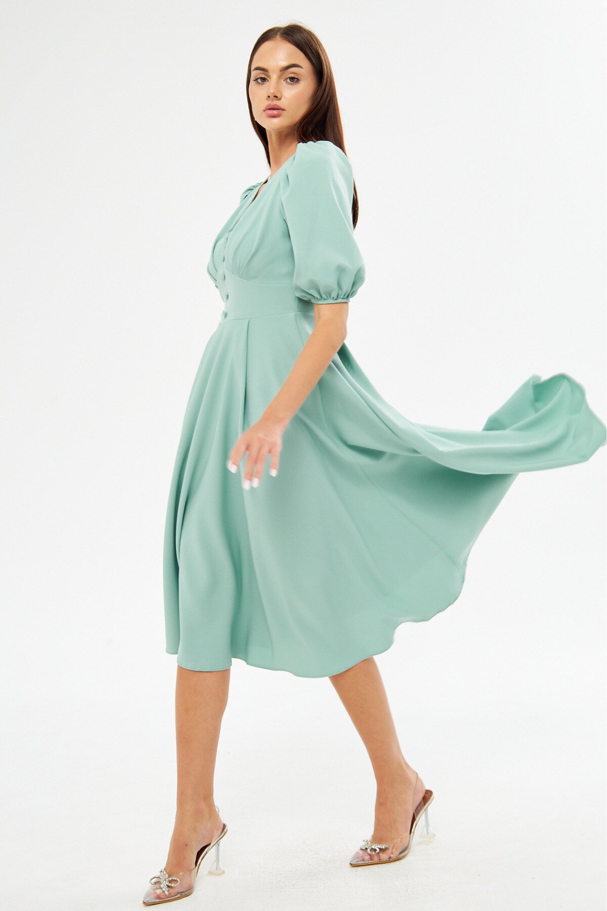 Midi Balloon Sleeve V-Neck Corset Belt Detail Evening Dress - Mint Green - Bidoluelbise