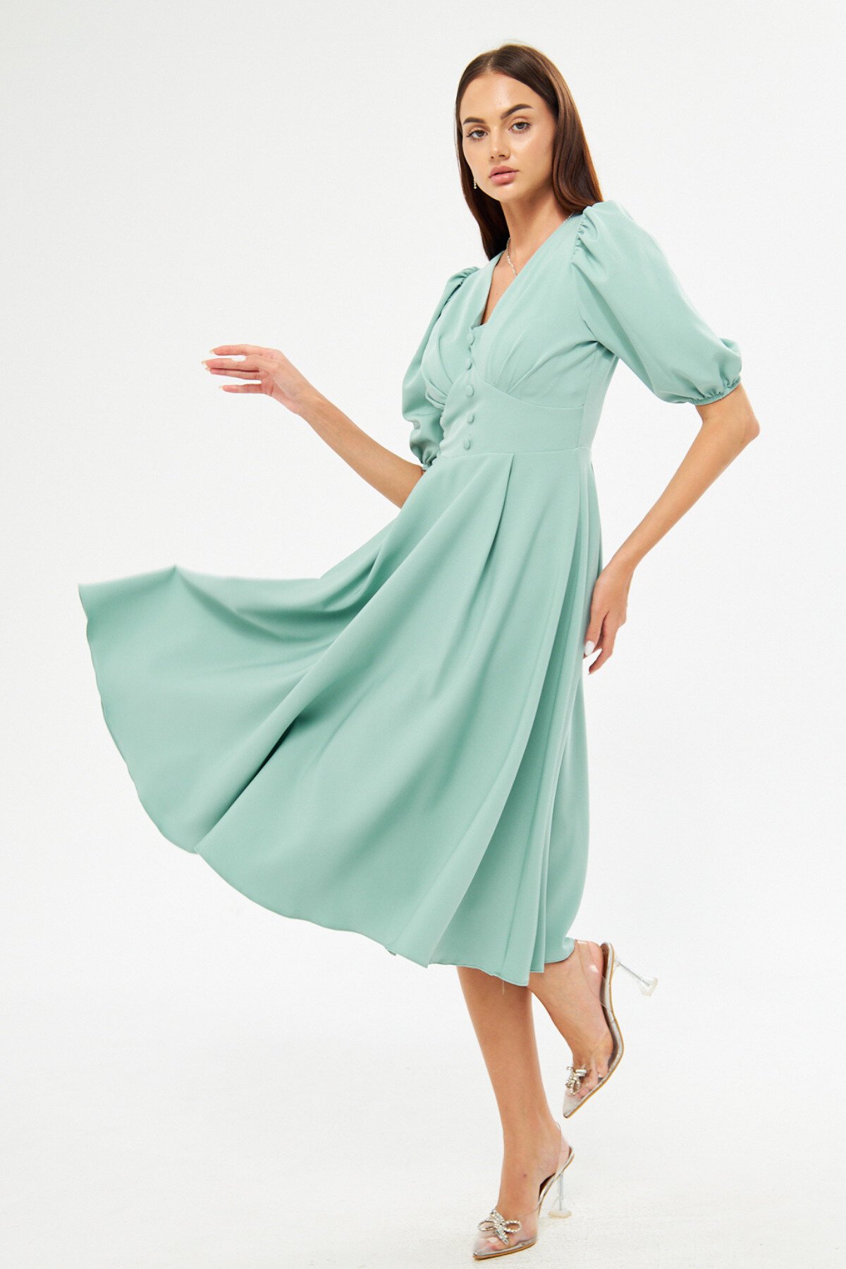 Midi Balloon Sleeve V-Neck Corset Belt Detail Evening Dress - Mint Green - Bidoluelbise