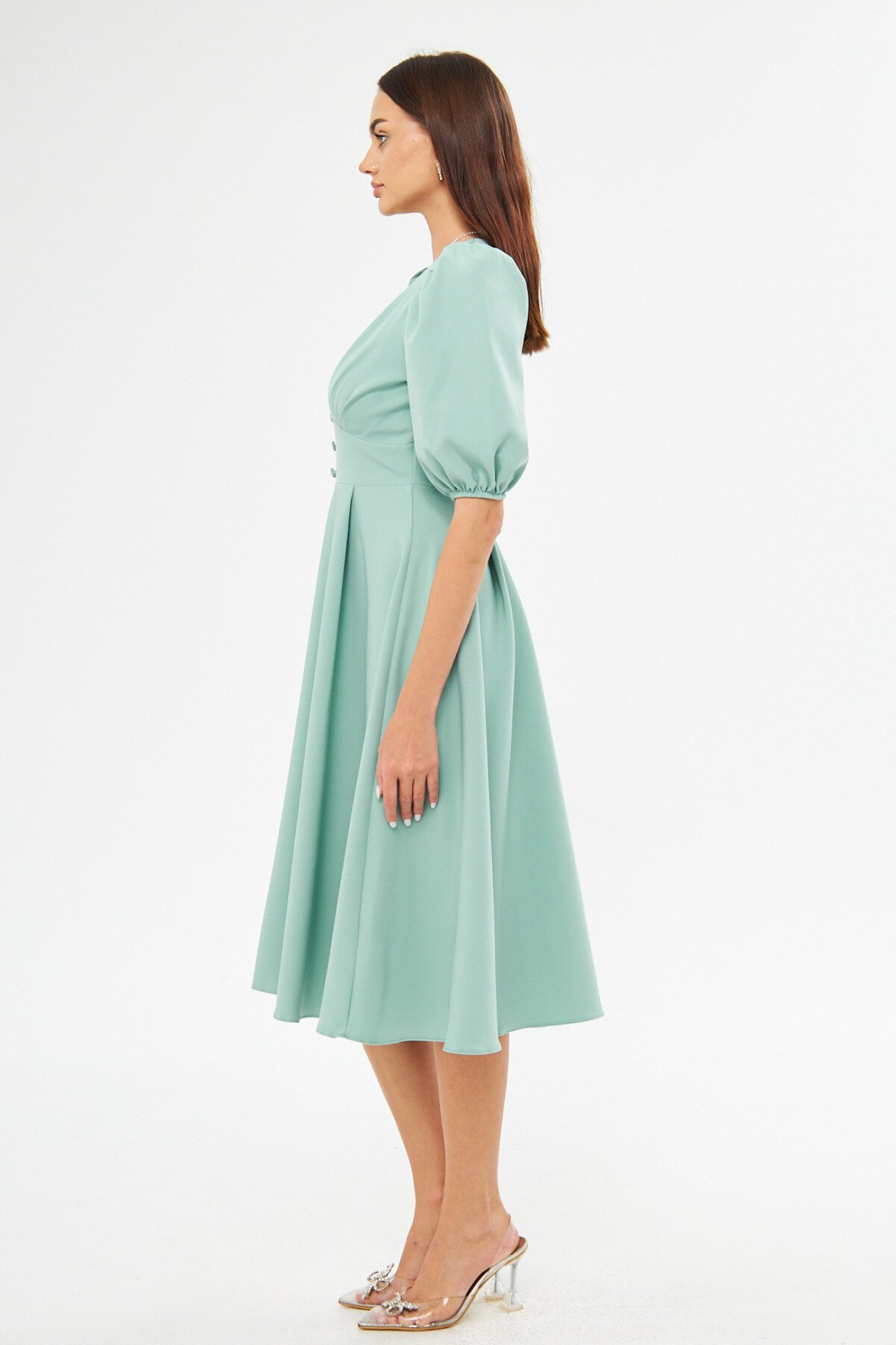 Midi Balloon Sleeve V-Neck Corset Belt Detail Evening Dress - Mint Green - Bidoluelbise
