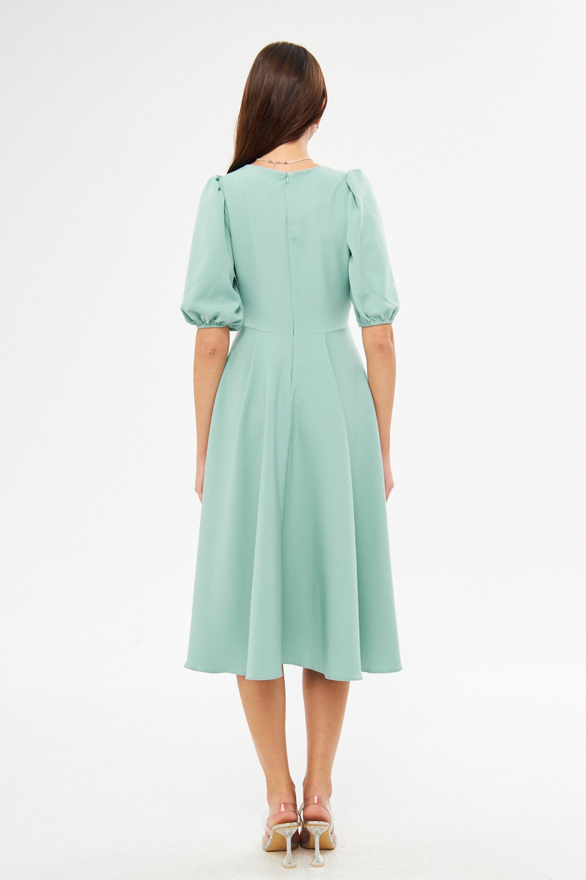 Midi Balloon Sleeve V-Neck Corset Belt Detail Evening Dress - Mint Green - Bidoluelbise