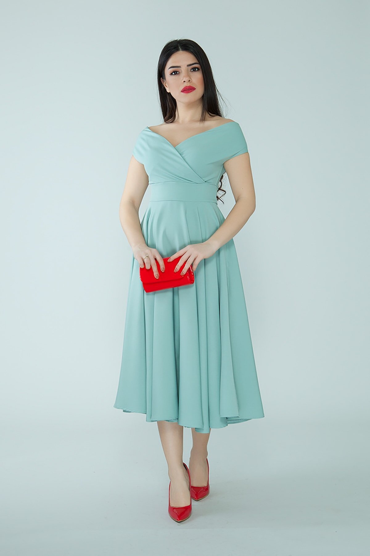 Midi Flared Woven Boat Neck Evening Dress - Mint Green - Bidoluelbise
