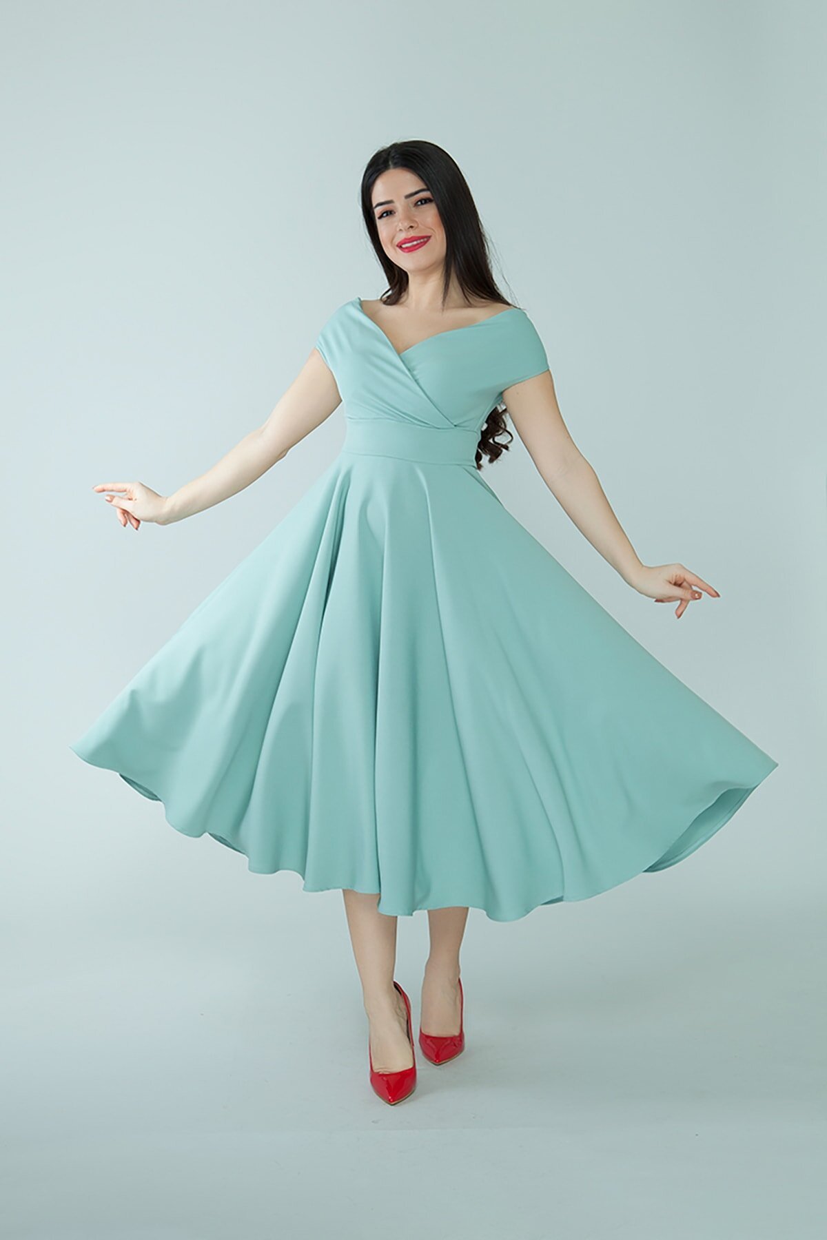 Midi Flared Woven Boat Neck Evening Dress - Mint Green - Bidoluelbise