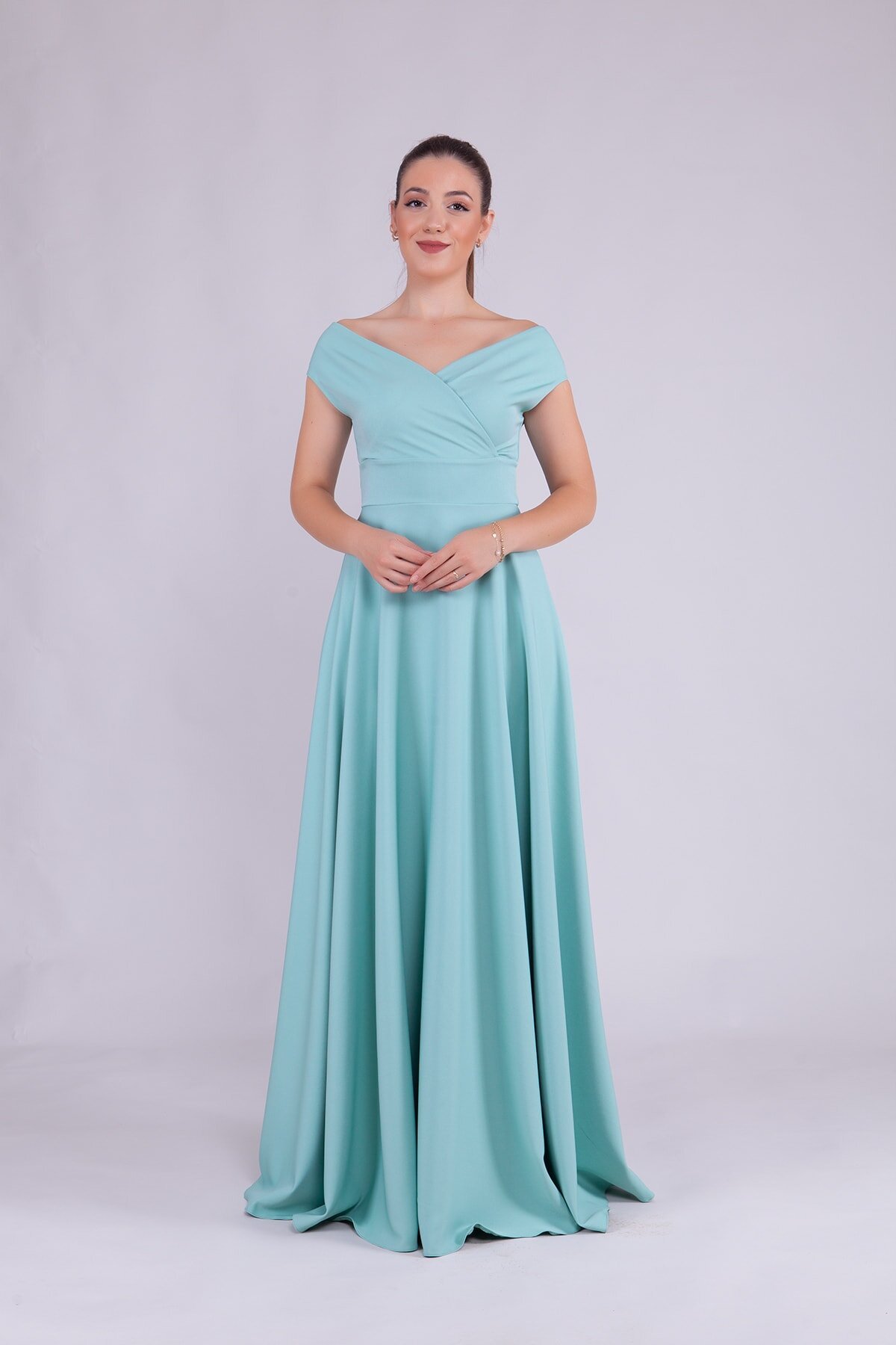 Long Boat-Neck Evening Dress - Mint Green - Bidoluelbise