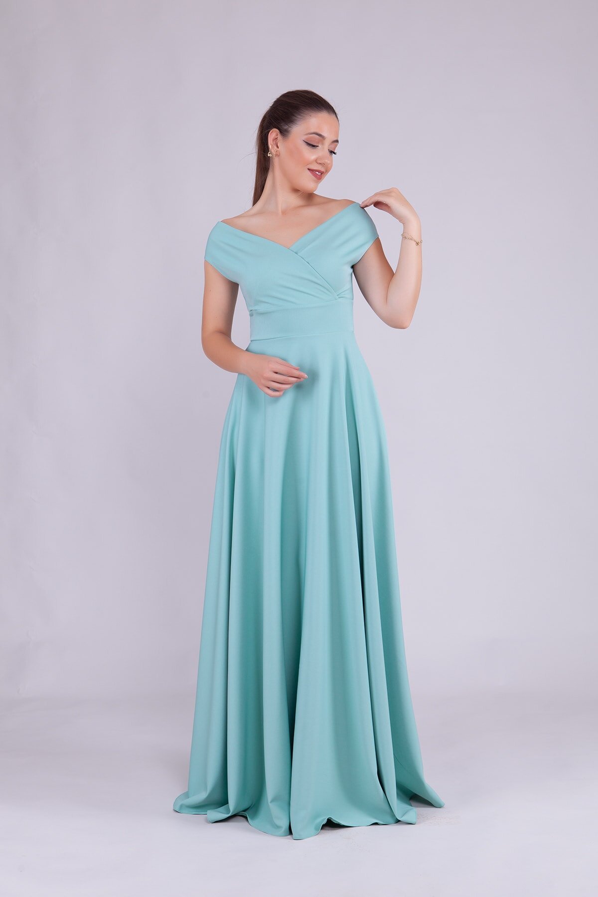Long Boat-Neck Evening Dress - Mint Green - Bidoluelbise