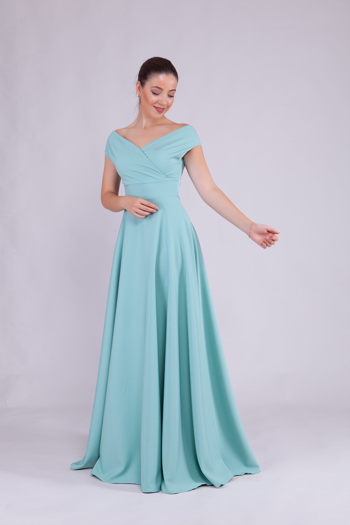 Long Boat-Neck Evening Dress - Mint Green - Bidoluelbise