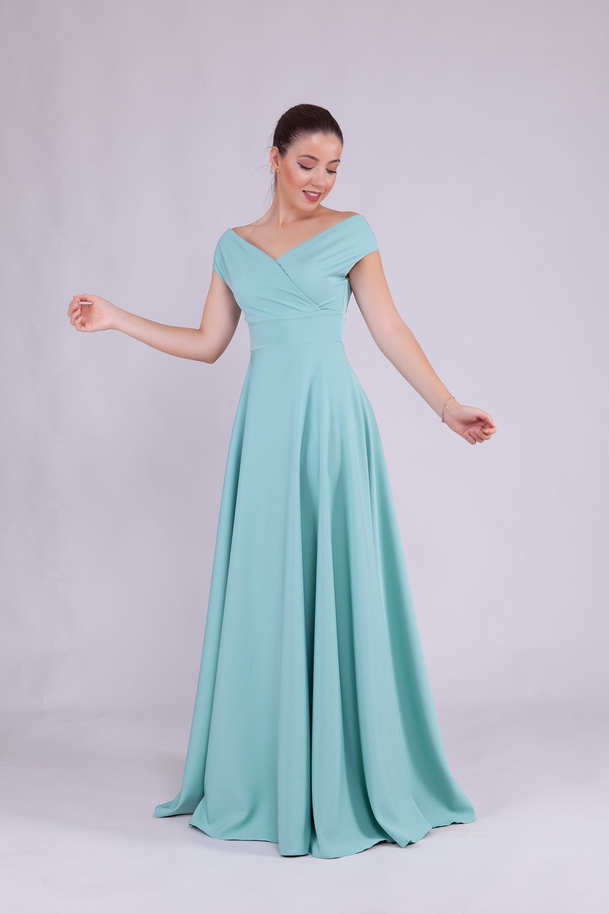 Long Boat-Neck Evening Dress - Mint Green - Bidoluelbise