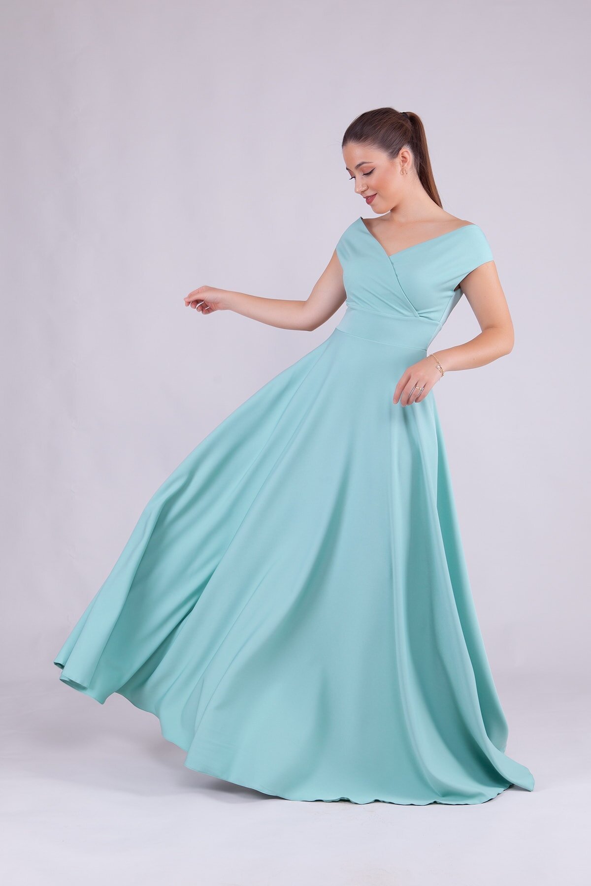 Long Boat-Neck Evening Dress - Mint Green - Bidoluelbise