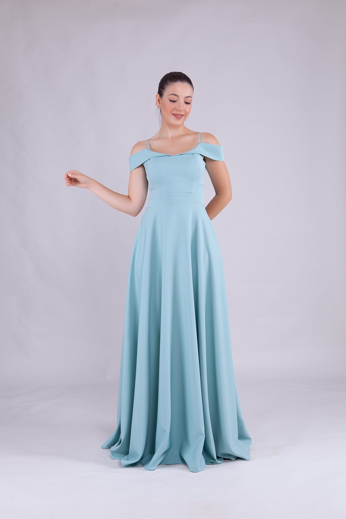 Long Strappy Off-Shoulder Evening Dress - Mint Green - Bidoluelbise