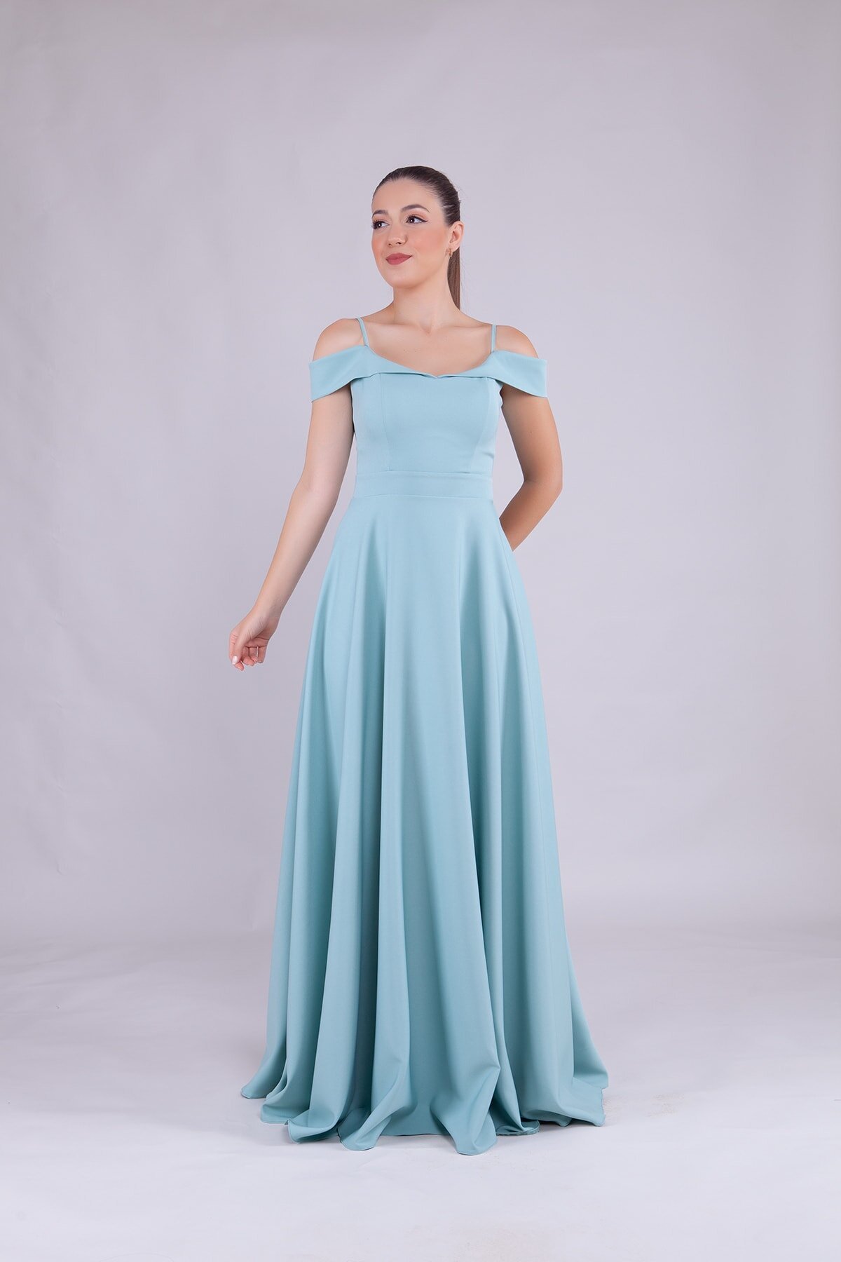 Long Strappy Off-Shoulder Evening Dress - Mint Green - Bidoluelbise