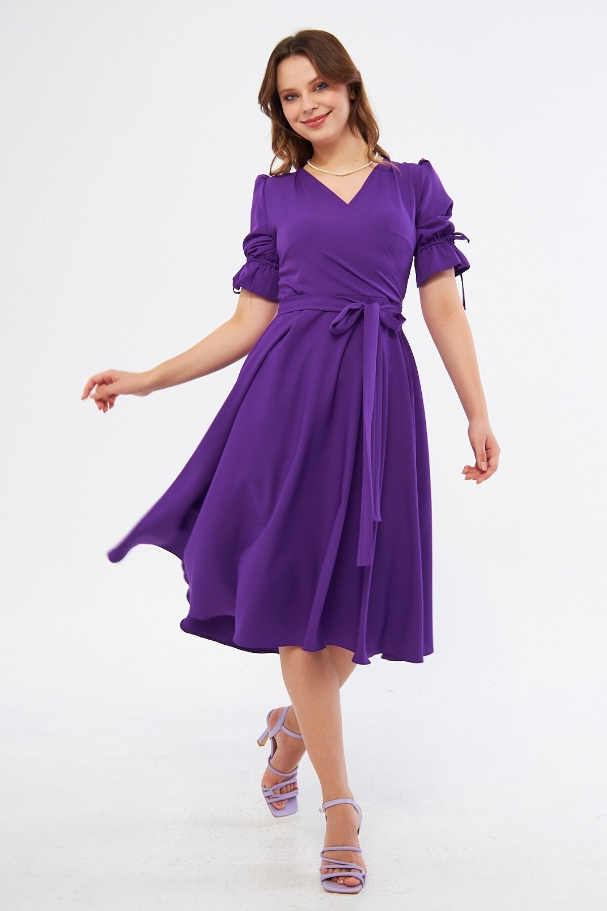 Midi Wrap-Neck Ruched Elasticated-Cuff Belted Dress - Purple - Bidoluelbise