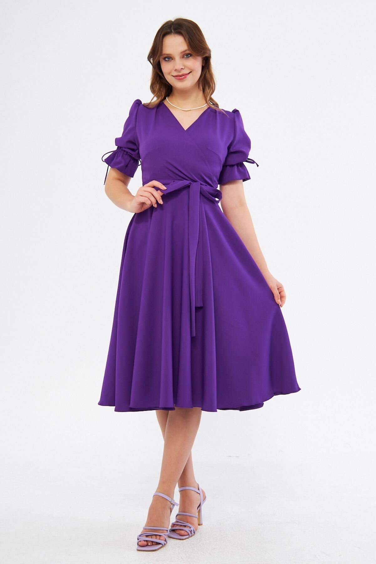 Midi Wrap-Neck Ruched Elasticated-Cuff Belted Dress - Purple - Bidoluelbise