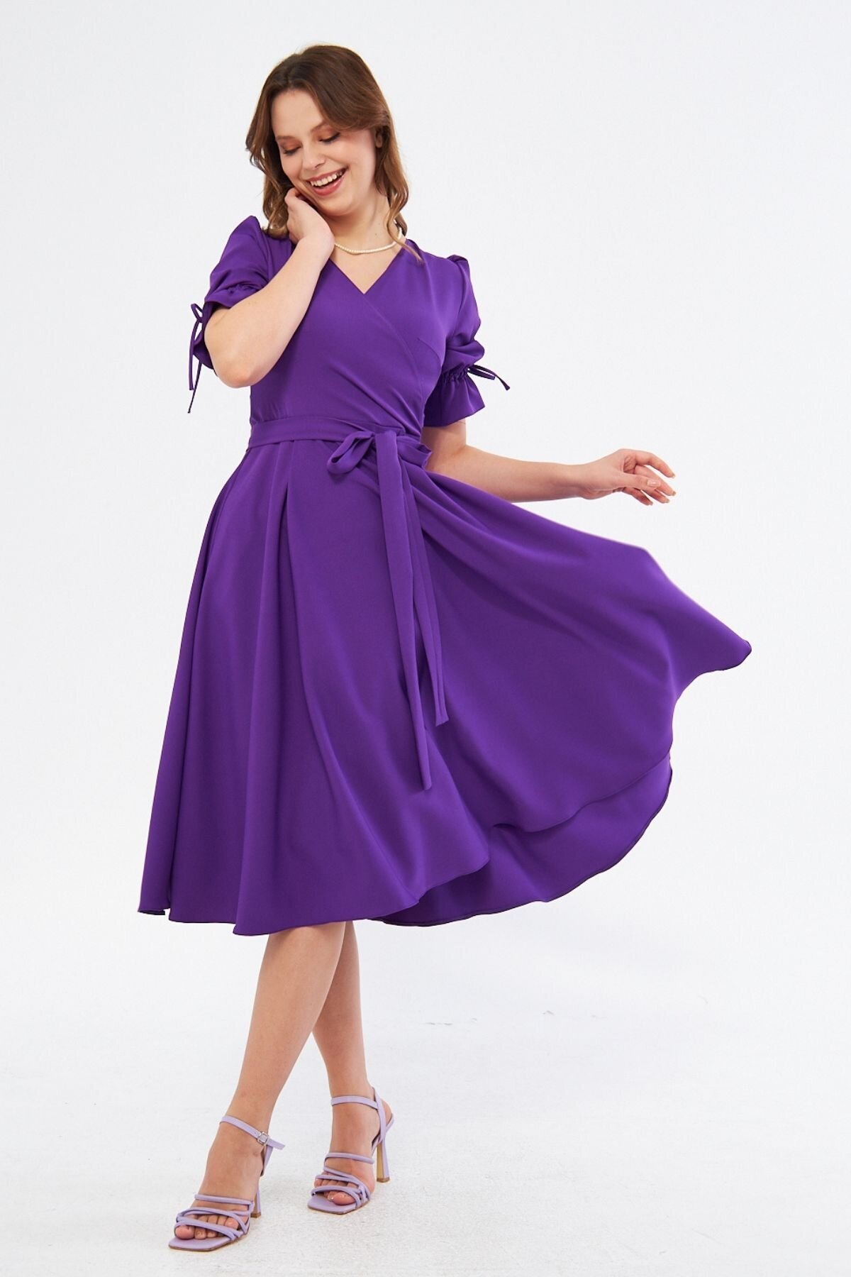 Midi Wrap-Neck Ruched Elasticated-Cuff Belted Dress - Purple - Bidoluelbise