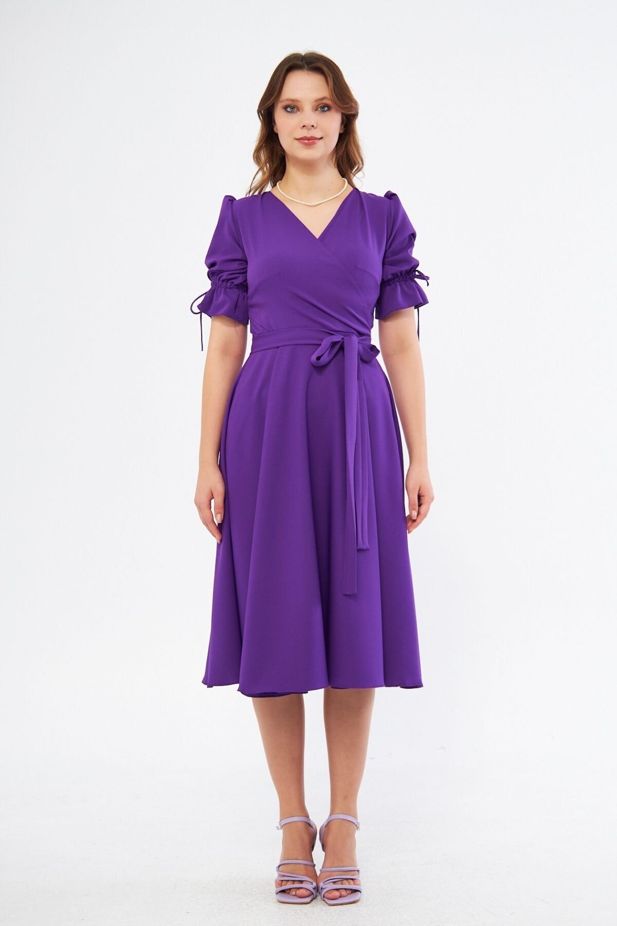 Midi Wrap-Neck Ruched Elasticated-Cuff Belted Dress - Purple - Bidoluelbise