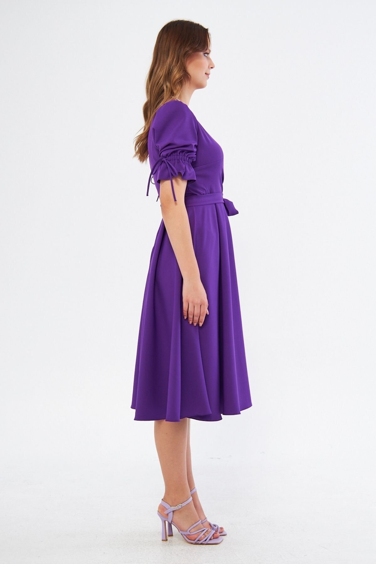 Midi Wrap-Neck Ruched Elasticated-Cuff Belted Dress - Purple - Bidoluelbise