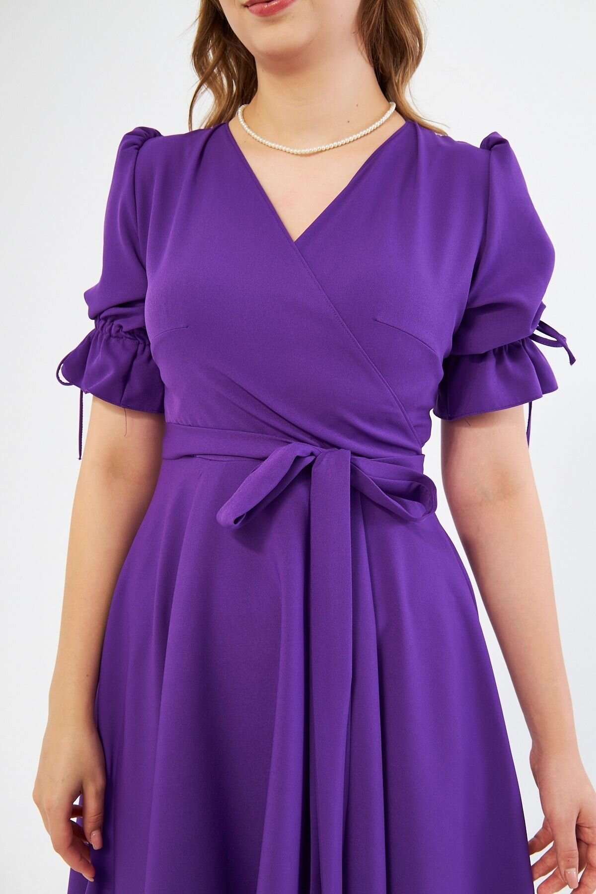 Midi Wrap-Neck Ruched Elasticated-Cuff Belted Dress - Purple - Bidoluelbise
