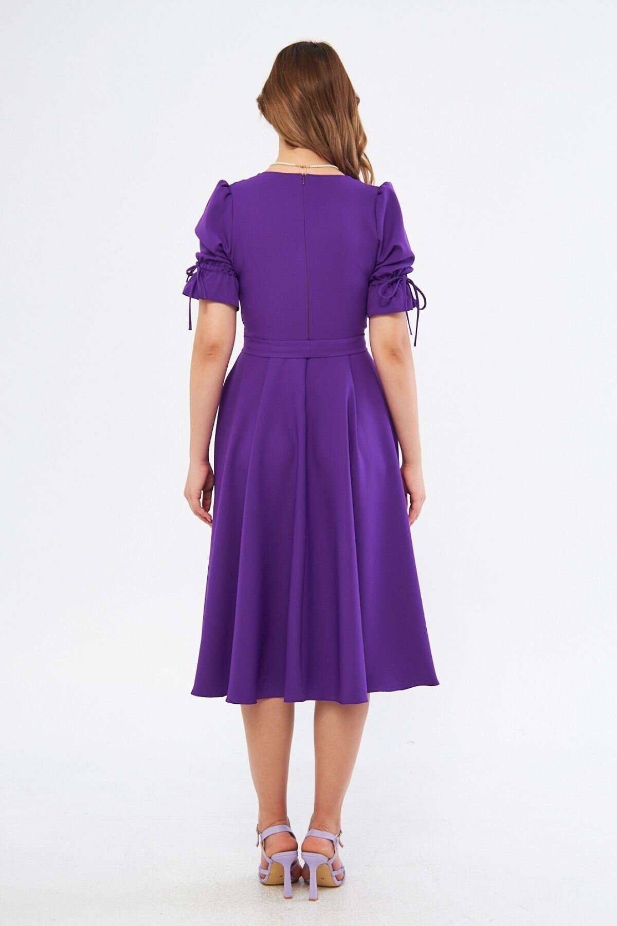Midi Wrap-Neck Ruched Elasticated-Cuff Belted Dress - Purple - Bidoluelbise