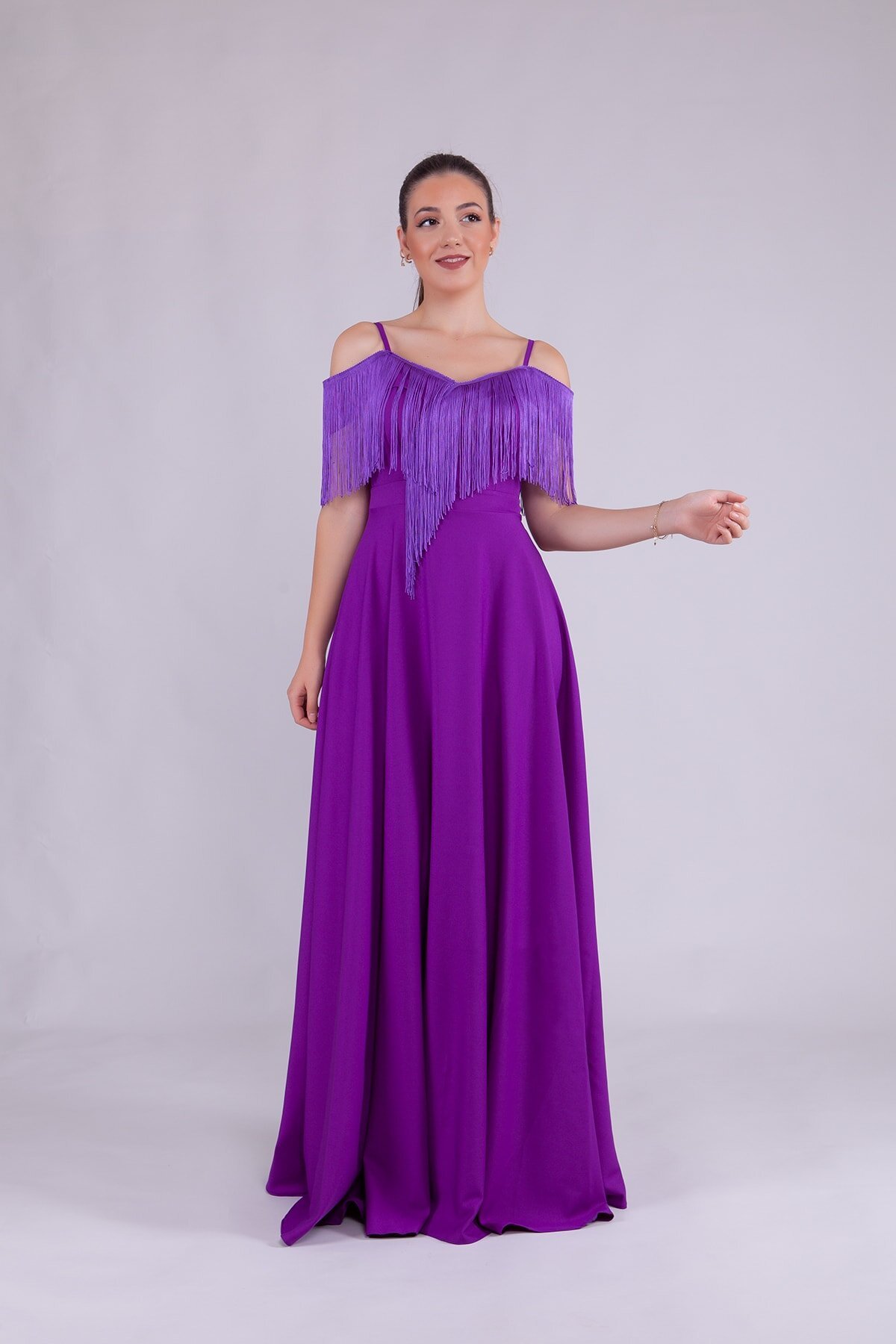 Long Strappy Boat Neck Tassel Detail Evening Dress - Purple - Bidoluelbise