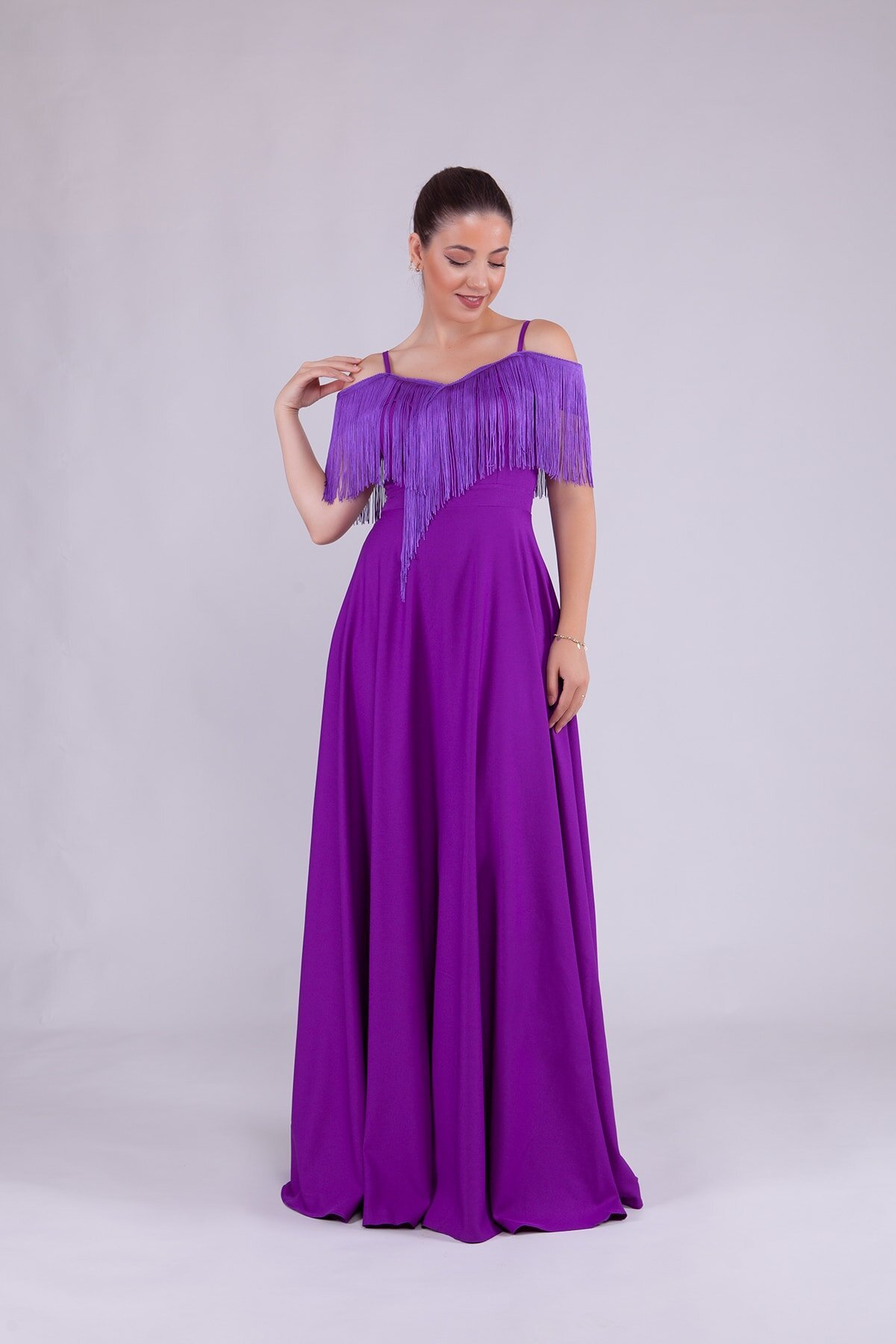 Long Strappy Boat Neck Tassel Detail Evening Dress - Purple - Bidoluelbise