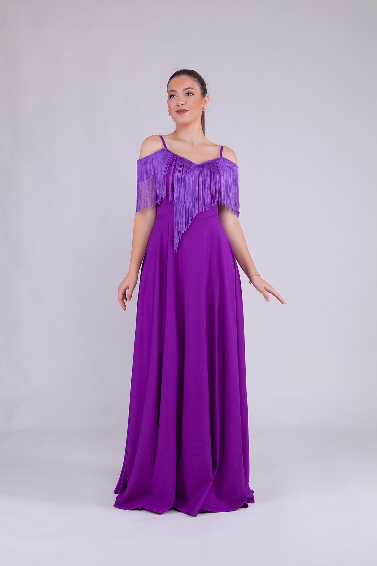 Long Strappy Boat Neck Tassel Detail Evening Dress - Purple - Bidoluelbise