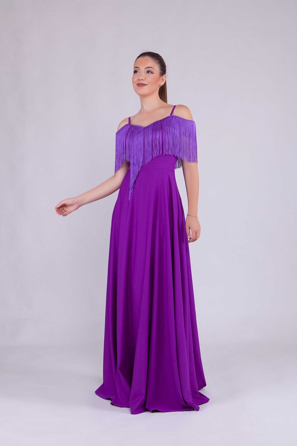Long Strappy Boat Neck Tassel Detail Evening Dress - Purple - Bidoluelbise