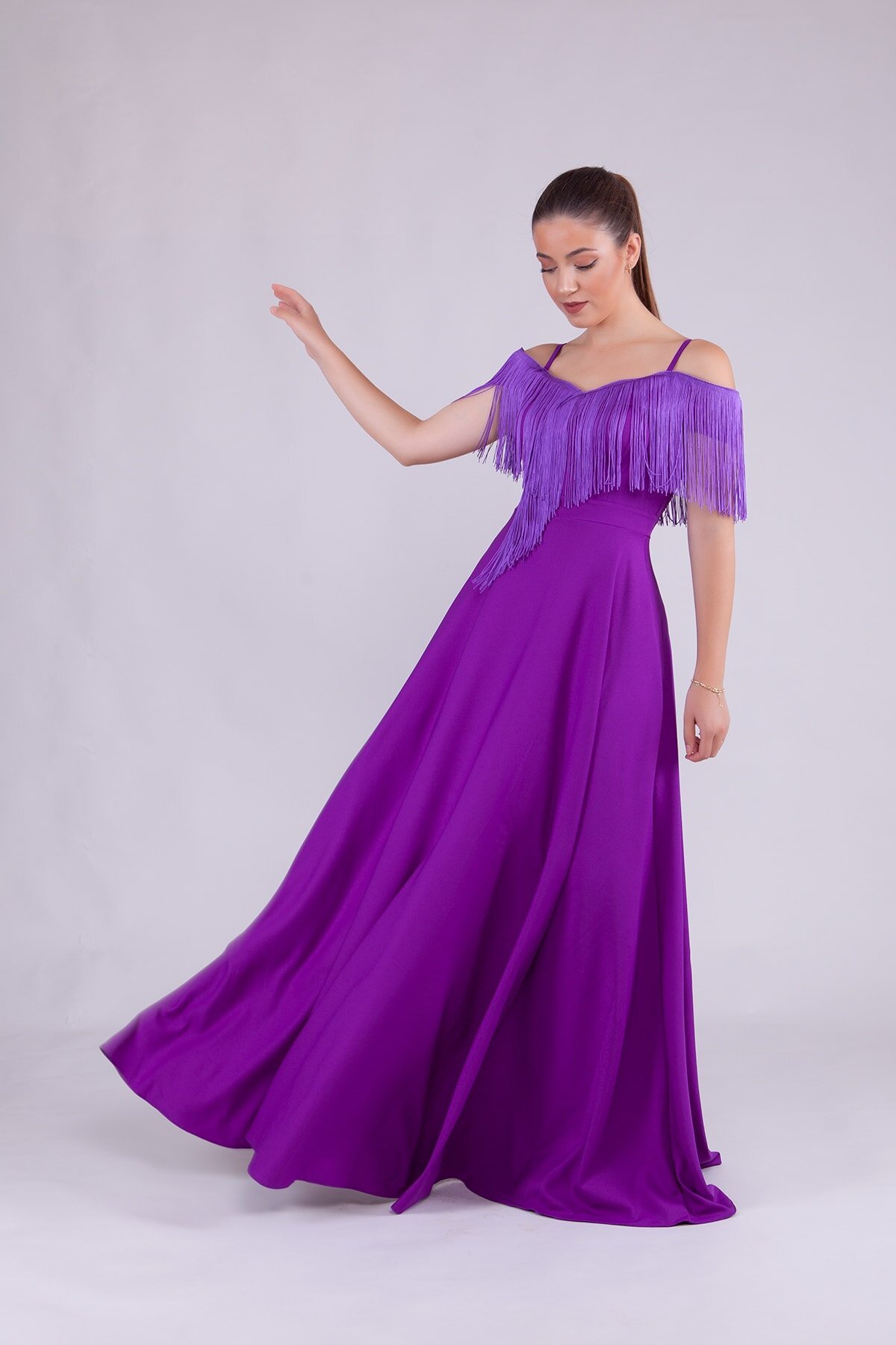 Long Strappy Boat Neck Tassel Detail Evening Dress - Purple - Bidoluelbise