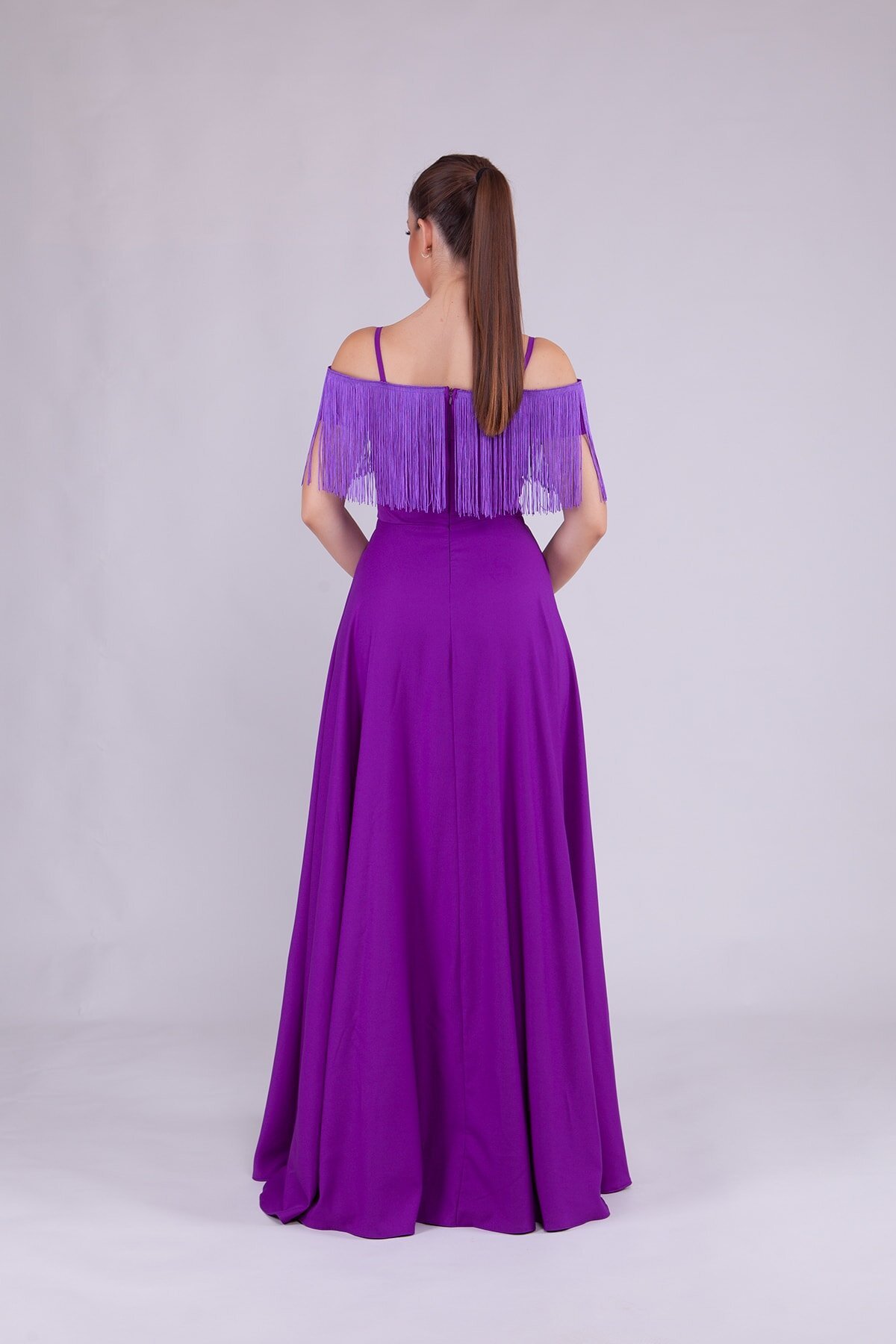Long Strappy Boat Neck Tassel Detail Evening Dress - Purple - Bidoluelbise