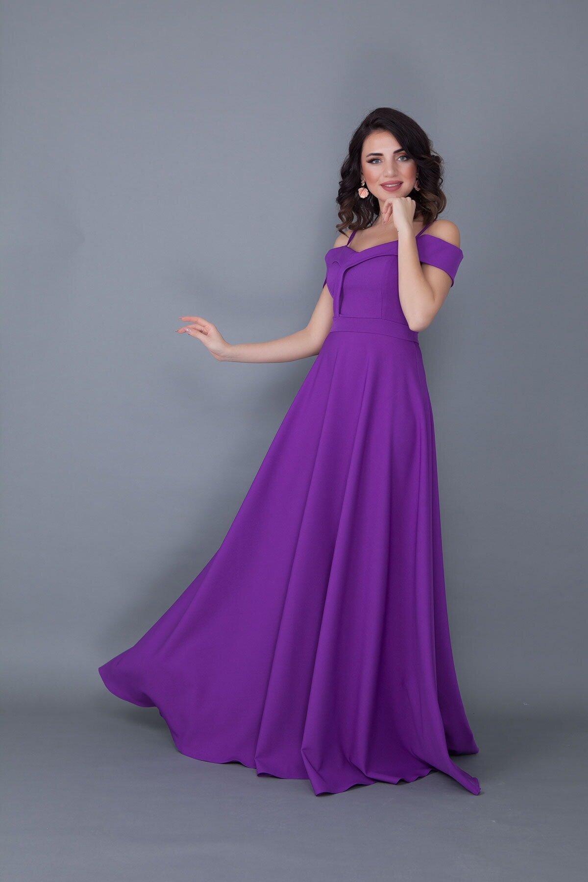Long Flared Strappy Off-Shoulder Engagement Evening Dress - Purple - Bidoluelbise