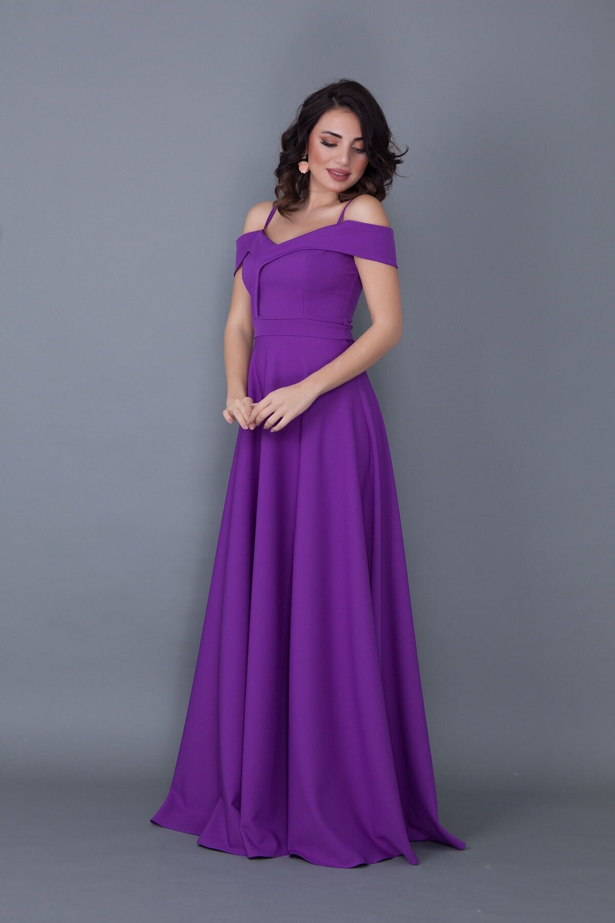 Long Flared Strappy Off-Shoulder Engagement Evening Dress - Purple - Bidoluelbise