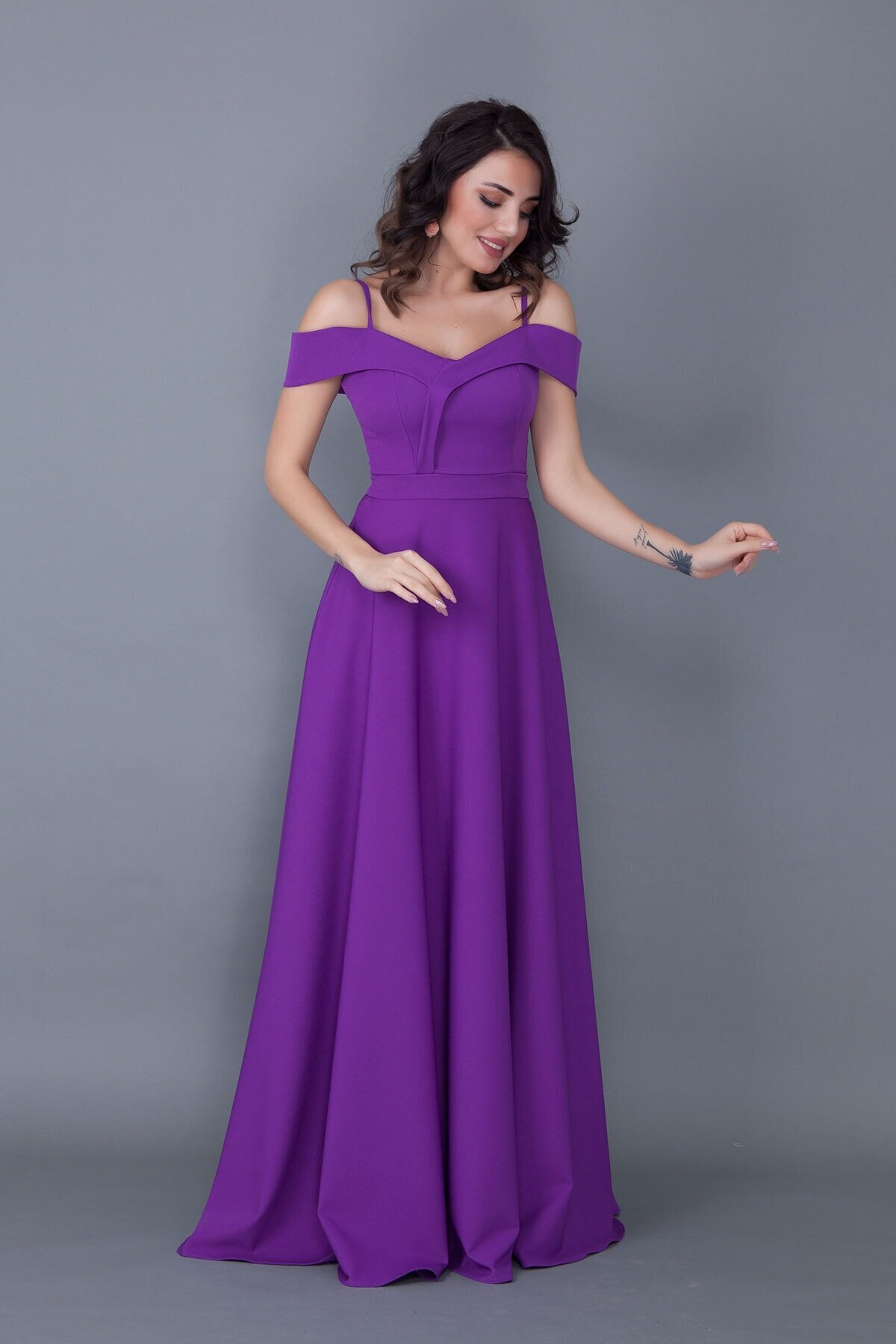 Long Flared Strappy Off-Shoulder Engagement Evening Dress - Purple - Bidoluelbise